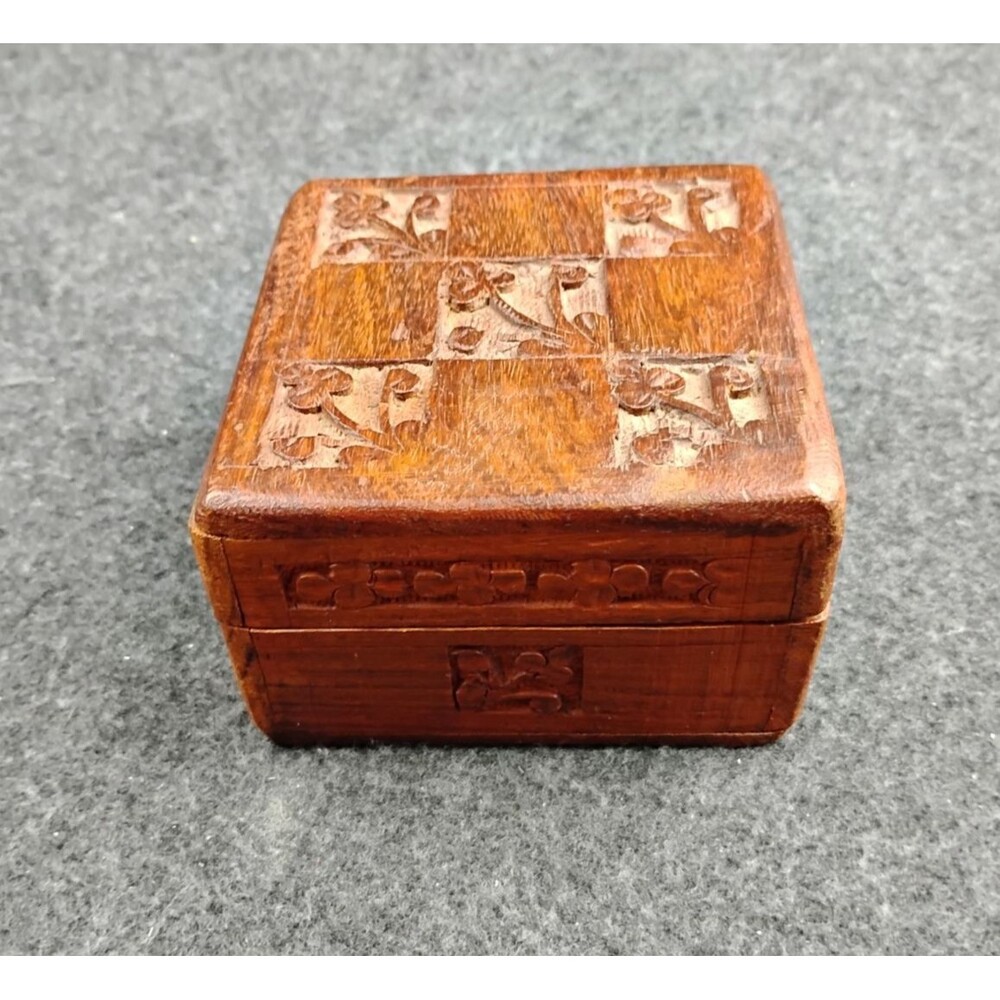 Vintage Hand Crafted Carved Wooden Jewelry Trinket Box Blue Velvet Liner 4" Sq